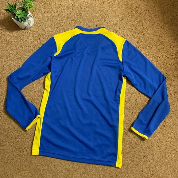 SOCCER LONG SLEEVE TRAINING JERSEY MACRON BLUE AND YELLOW PERFORMANCE SHIRT - Picture 6 of 6